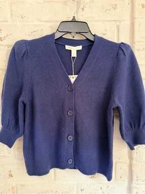 Chelsea & Violet Cropped Cardigan Sweater NWT Puff Sleeve Shoulder Pads Blue S